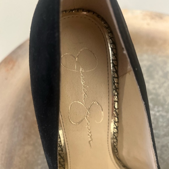 Jessica Simpson Eye Catching Black Suede with Gold Snakeskin Embellishment - Picture 3 of 7